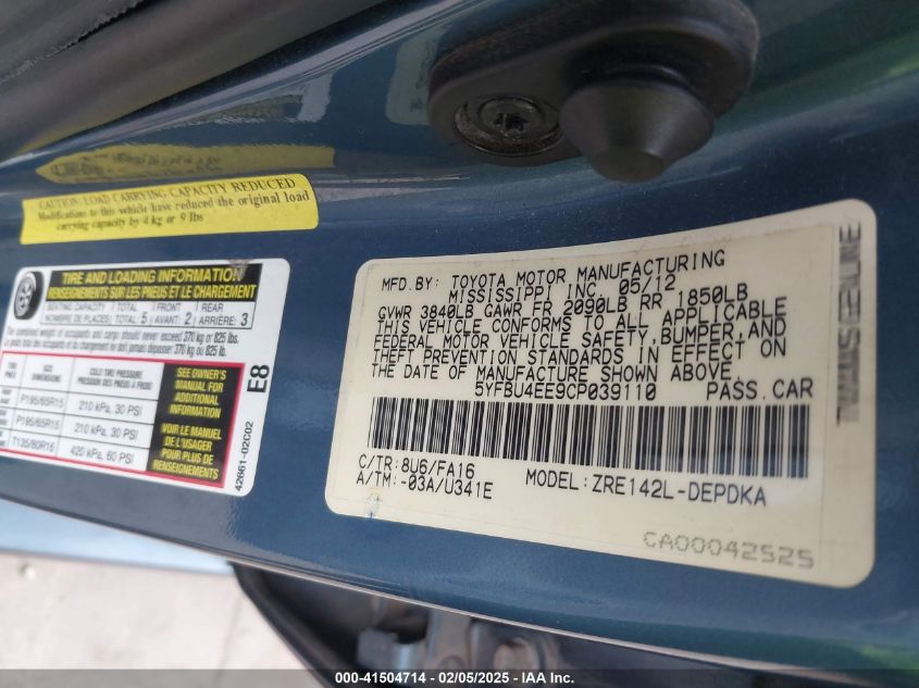 2012 Toyota Corolla L VIN: 5YFBU4EE9CP039110 Lot: 41504714