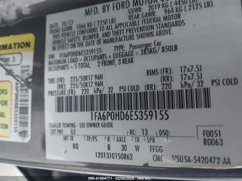 2014 Ford Fusion Se VIN: 1FA6P0HD6E5359155 Lot: 41504771