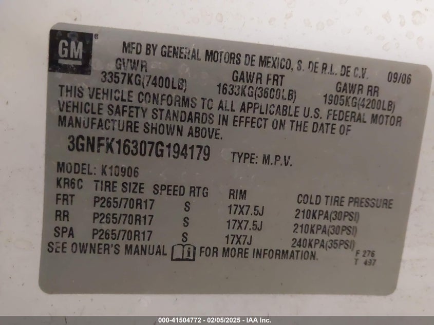 2007 CHEVROLET SUBURBAN VIN: 3GNFK16307G194179