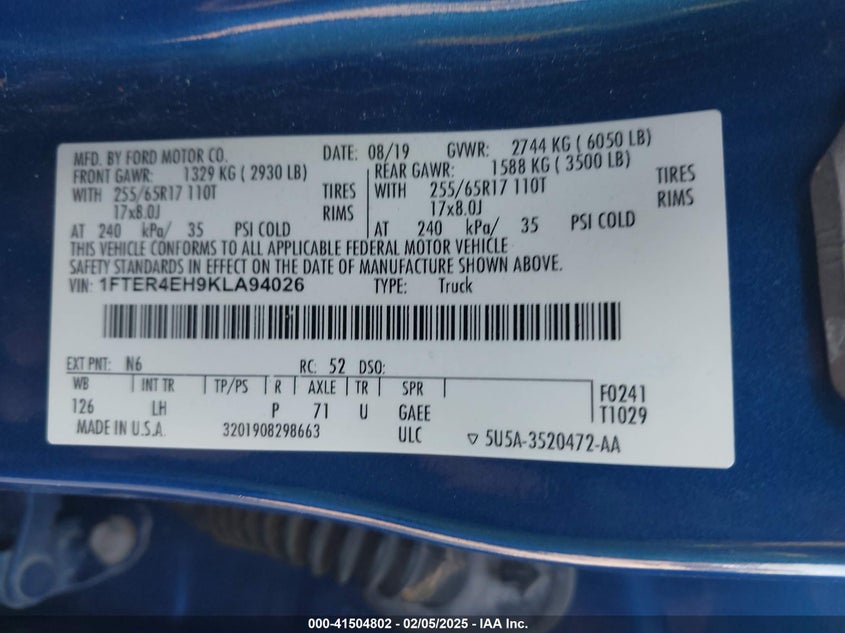 2019 FORD RANGER VIN: 1FTER4EH9KLA94026