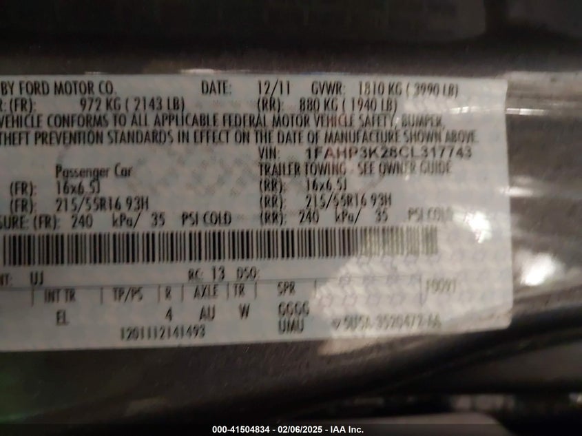 2012 FORD FOCUS VIN: 1FAHP3K28CL317743
