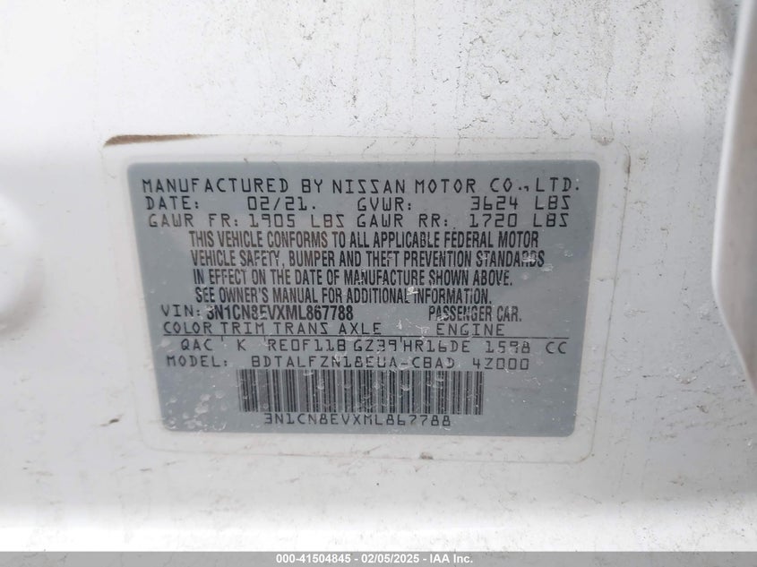 2021 NISSAN VERSA VIN: 3N1CN8EVXML867788