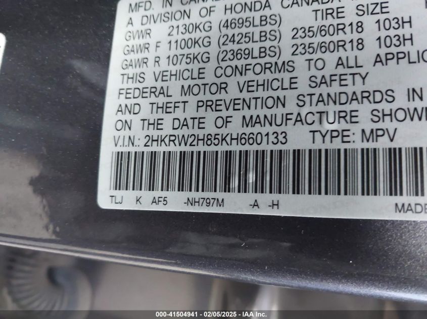 2019 Honda Cr-V Ex-L VIN: 2HKRW2H85KH660133 Lot: 41504941
