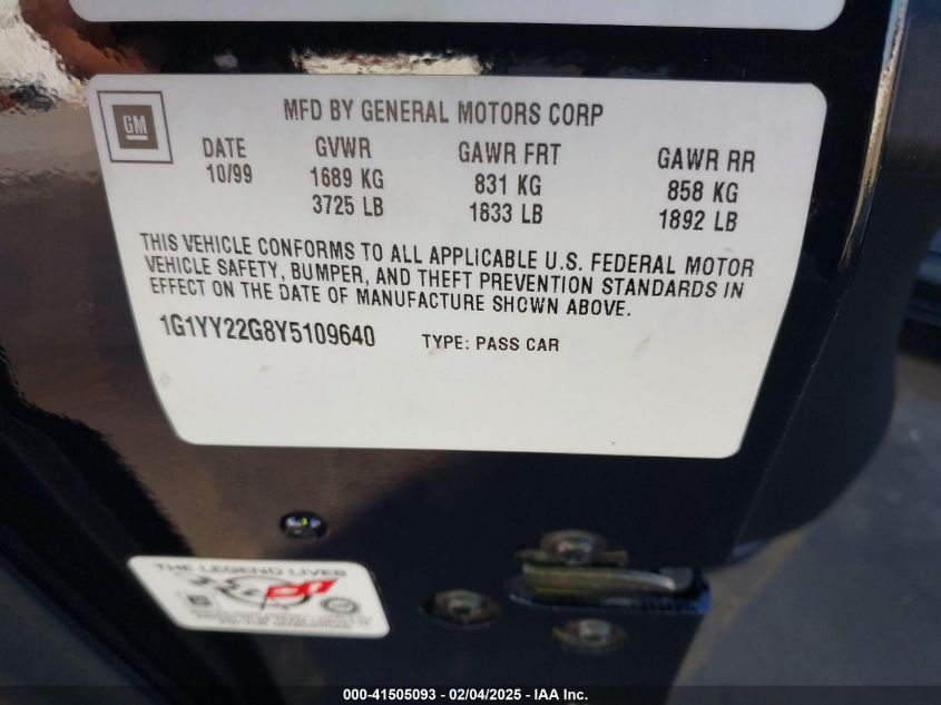 2000 Chevrolet Corvette VIN: 1G1YY22G8Y5109640 Lot: 41505093