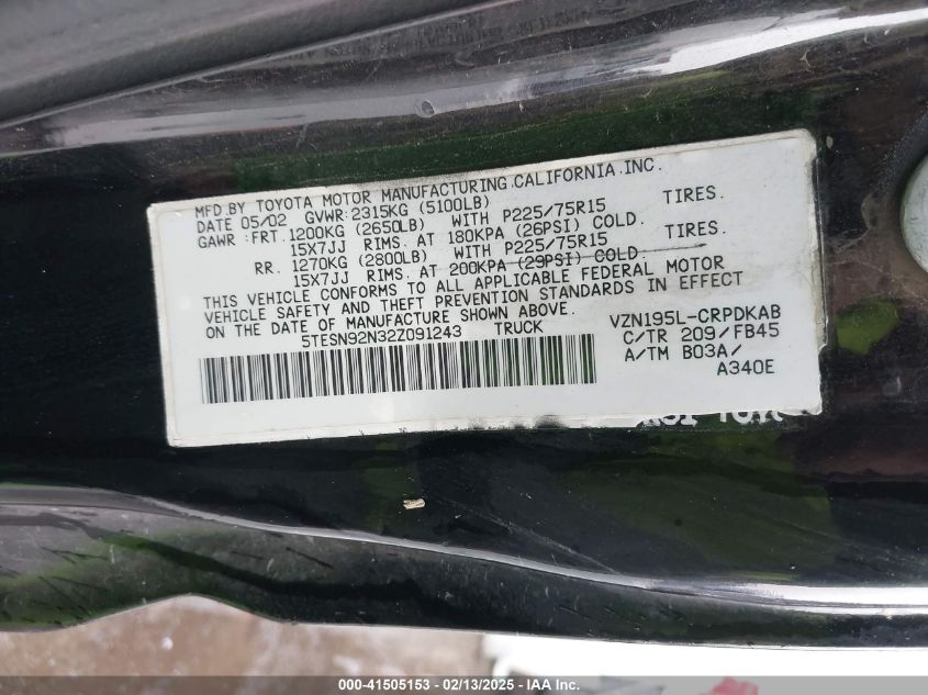 2002 Toyota Tacoma Prerunner V6 VIN: 5TESN92N32Z091243 Lot: 41505153