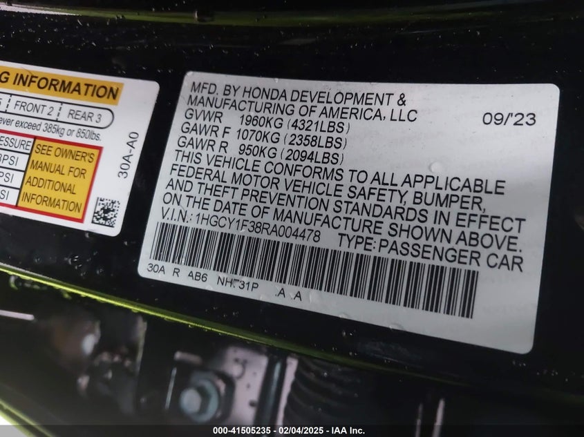 2024 HONDA ACCORD VIN: 1HGCY1F38RA004478