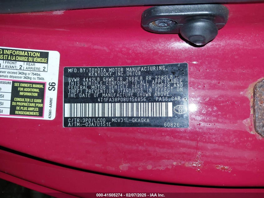 2008 TOYOTA CAMRY SOLARA VIN: 4T1FA38P08U156856