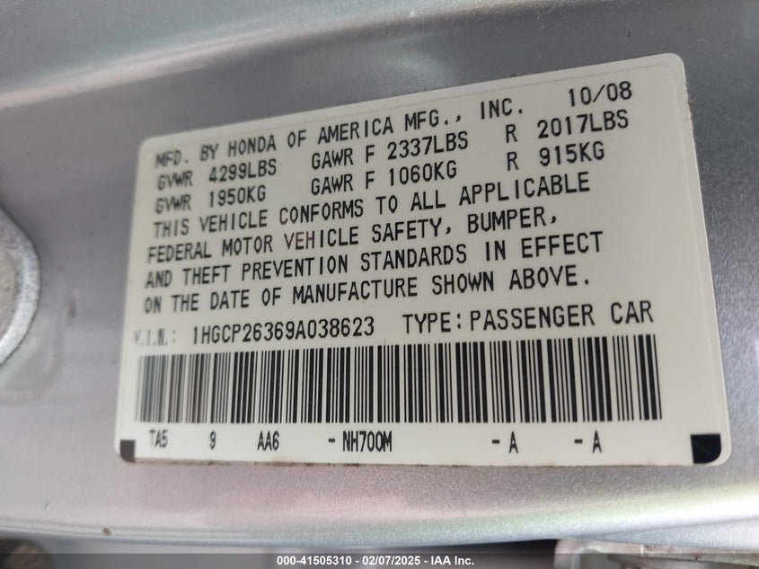 2009 HONDA ACCORD VIN: 1HGCP26369A038623