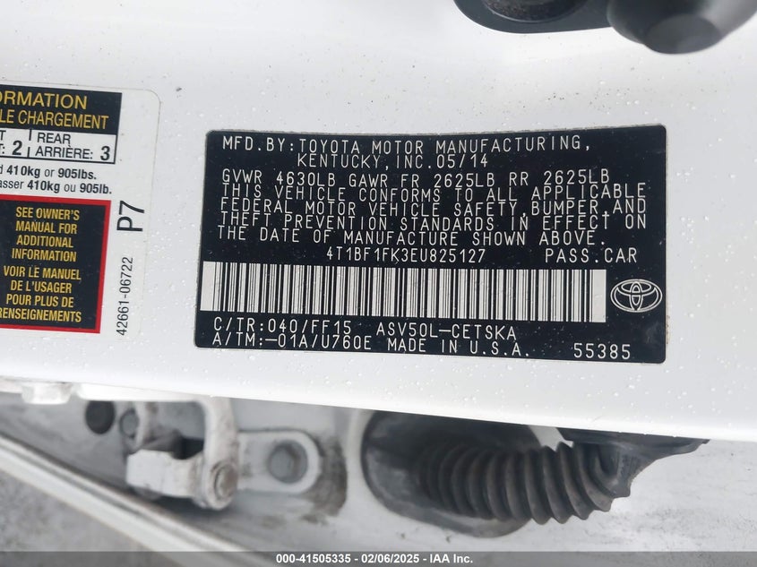 2014 TOYOTA CAMRY VIN: 4T1BF1FK3EU825127