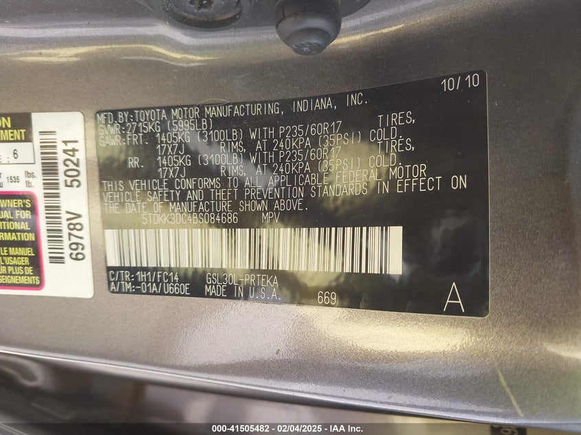 2011 TOYOTA SIENNA VIN: 5TDKK3DC4BS084686