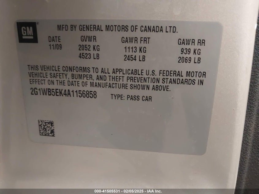 2010 CHEVROLET IMPALA VIN: 2G1WB5EK4A1156858