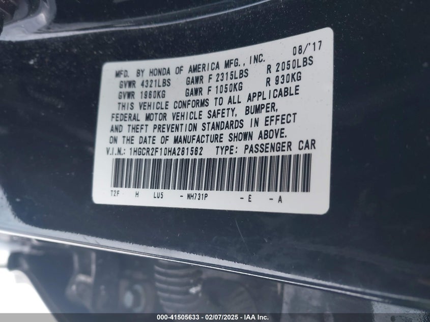 2017 HONDA ACCORD VIN: 1HGCR2F10HA281562