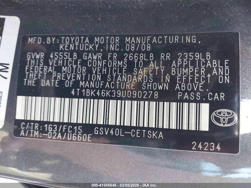 2009 TOYOTA CAMRY VIN: 4T1BK46K39U090278