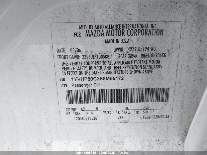 2006 Mazda Mazda6 I Sport VIN: 1YVHP80CX65M65172 Lot: 41505745