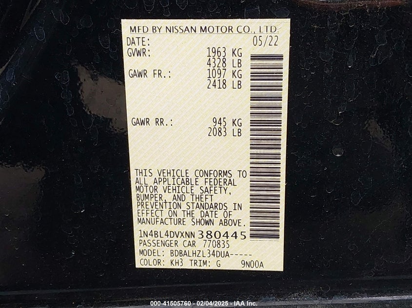 2022 NISSAN ALTIMA VIN: 1N4BL4DVXNN380445