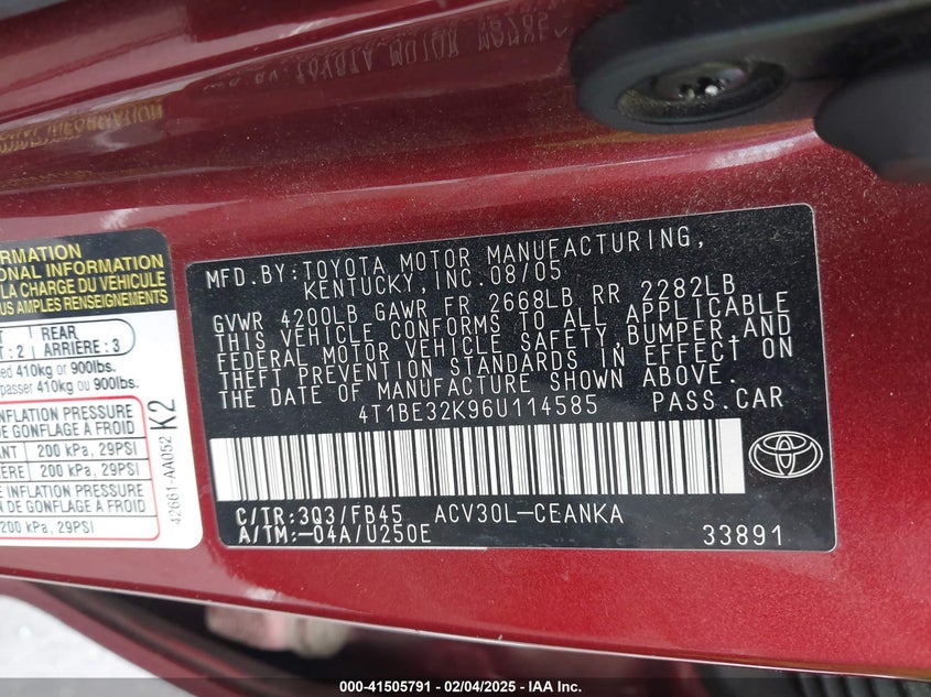 2006 TOYOTA CAMRY VIN: 4T1BE32K96U114585