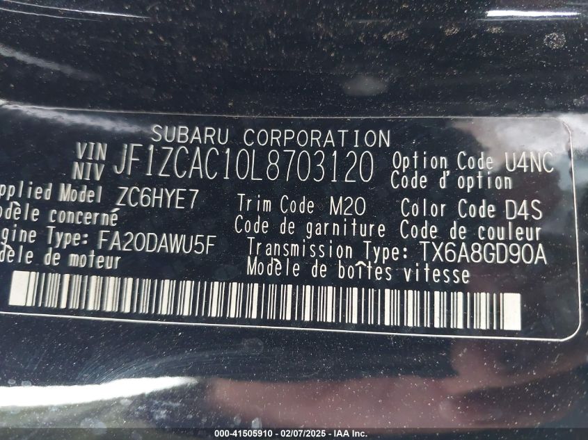 2020 Subaru Brz Limited VIN: JF1ZCAC10L8703120 Lot: 41505910