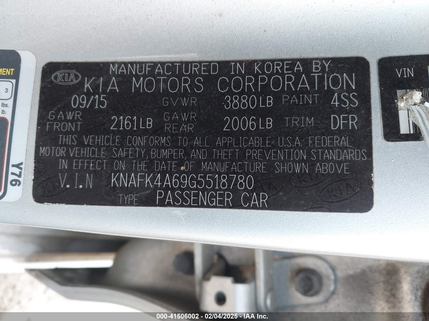 2016 KIA FORTE VIN: KNAFK4A69G5518780