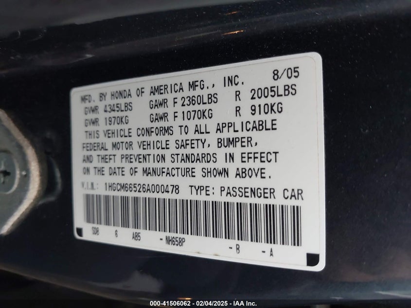 2006 HONDA ACCORD VIN: 1HGCM66526A000478