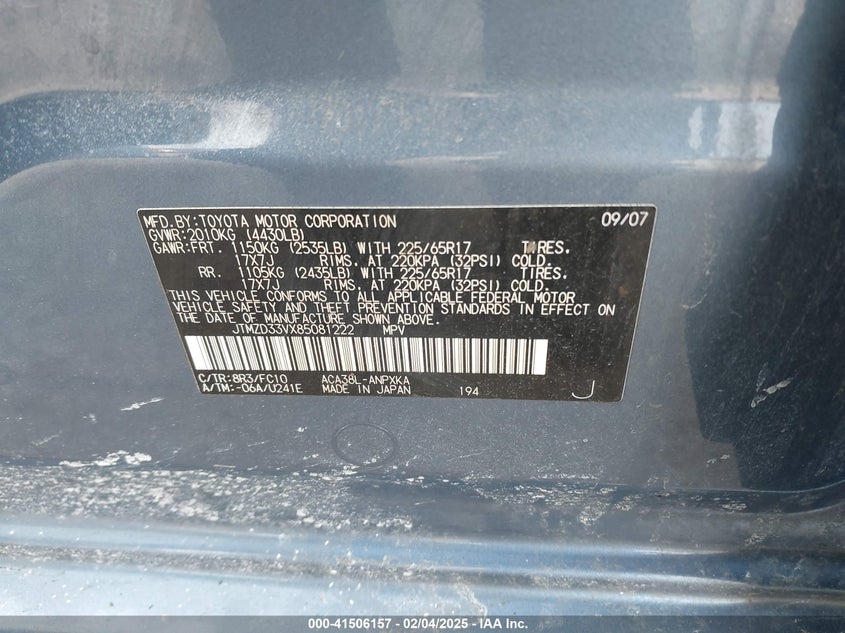 2008 TOYOTA RAV4 VIN: JTMZD33VX85081222