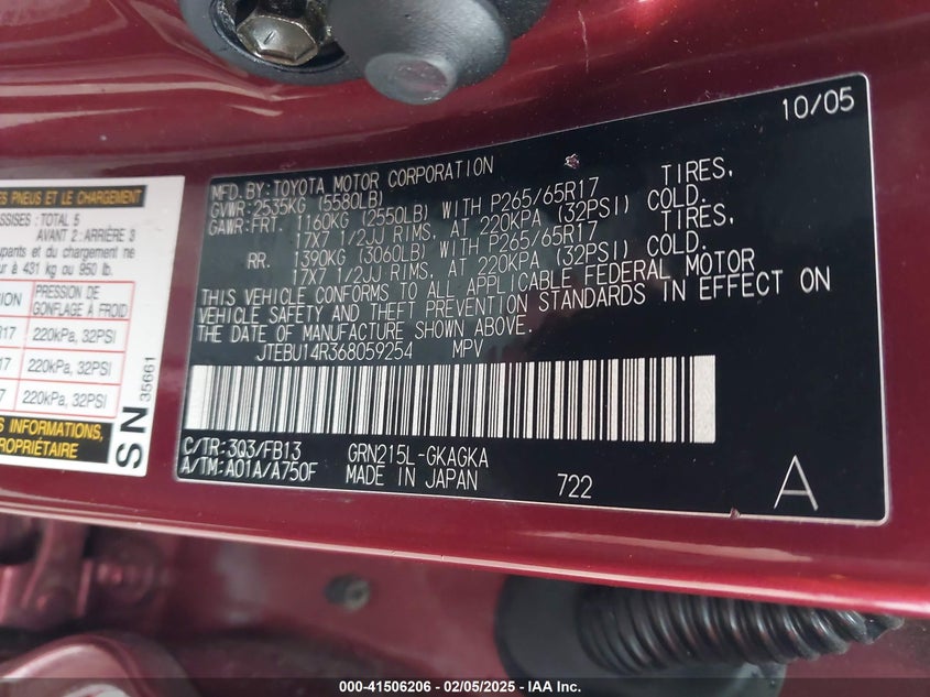 2006 TOYOTA 4RUNNER VIN: JTEBU14R368059254