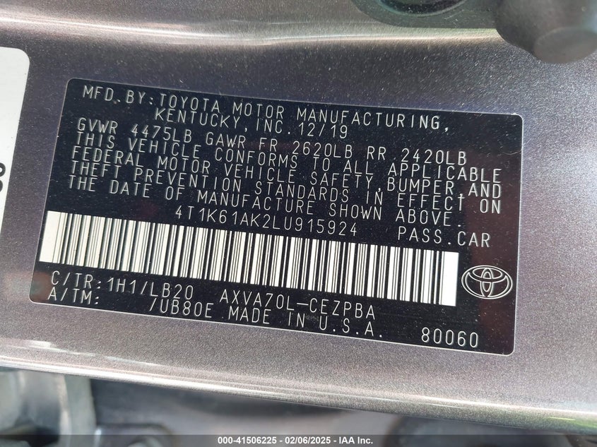 2020 TOYOTA CAMRY VIN: 4T1K61AK2LU915924