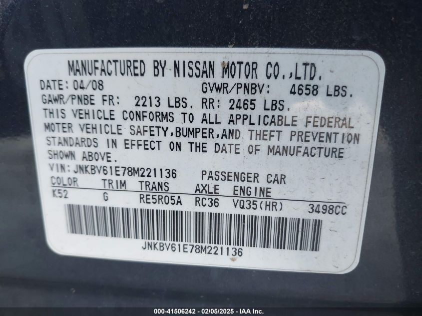 2008 Infiniti G35 Journey VIN: JNKBV61E78M221136 Lot: 41506242