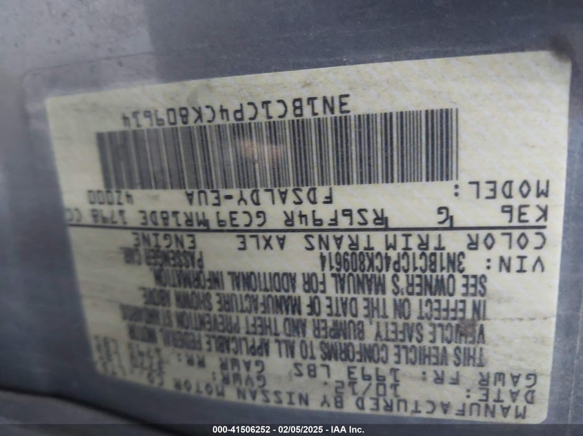2012 NISSAN VERSA VIN: 3N1BC1CP4CK809614