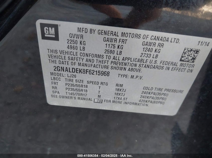 2015 CHEVROLET EQUINOX VIN: 2GNALDEK8F6215968