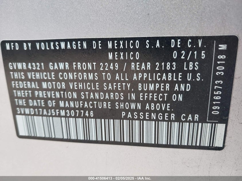 2015 VOLKSWAGEN JETTA VIN: 3VWD17AJ5FM307746