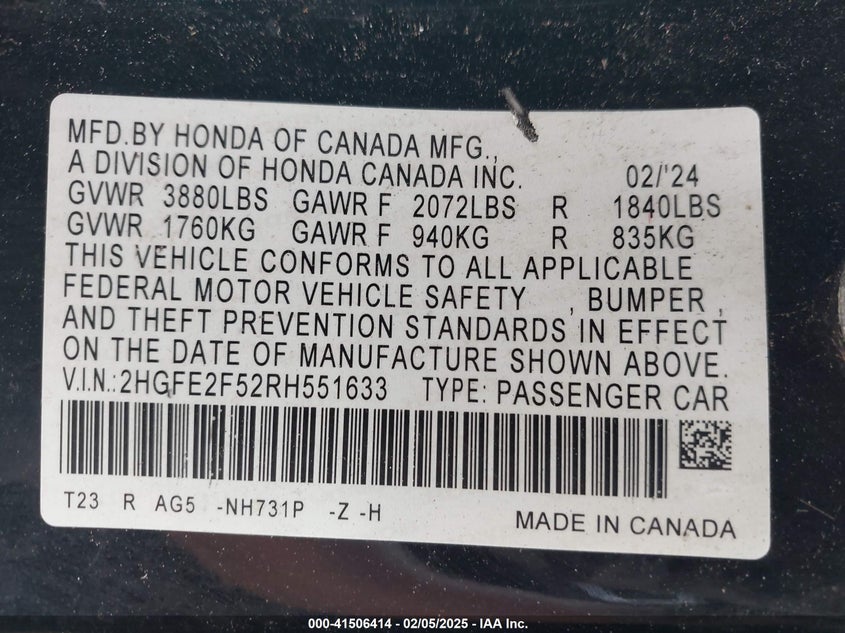 2024 HONDA CIVIC 2.0L I-4 DI, DOHC, V(VIN: 2HGFE2F52RH551633