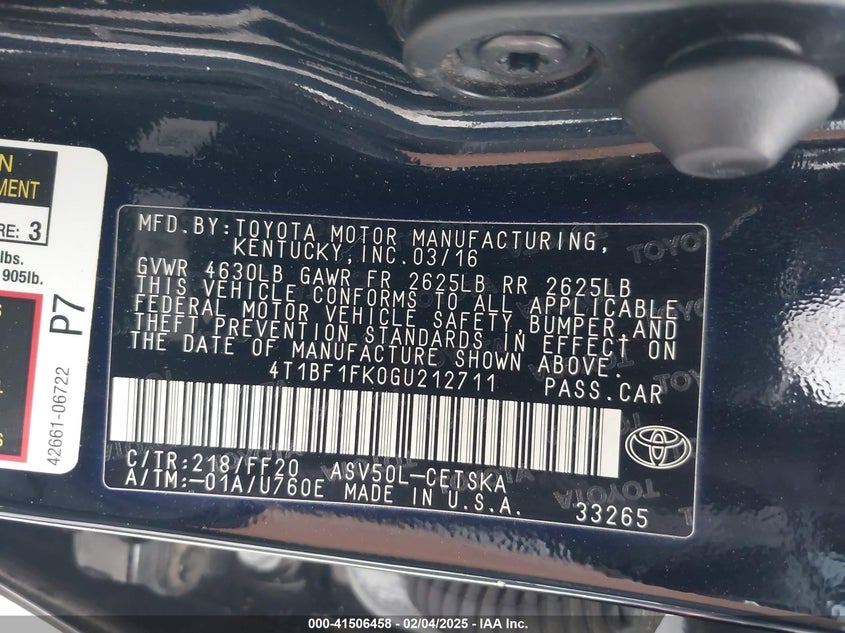 2016 TOYOTA CAMRY VIN: 4T1BF1FK0GU212711