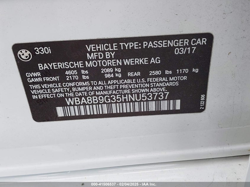 2017 BMW 330I VIN: WBA8B9G35HNU53737