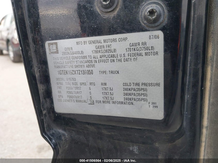 2007 GMC NEW SIERRA VIN: 1GTEK19ZX7Z139050