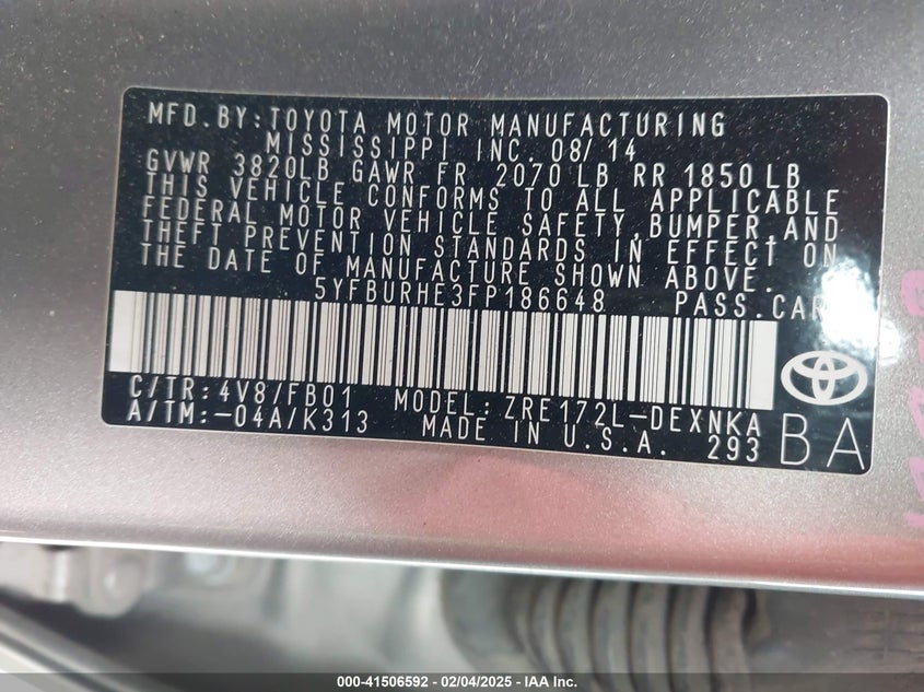 2015 TOYOTA COROLLA VIN: 5YFBURHE3FP186648