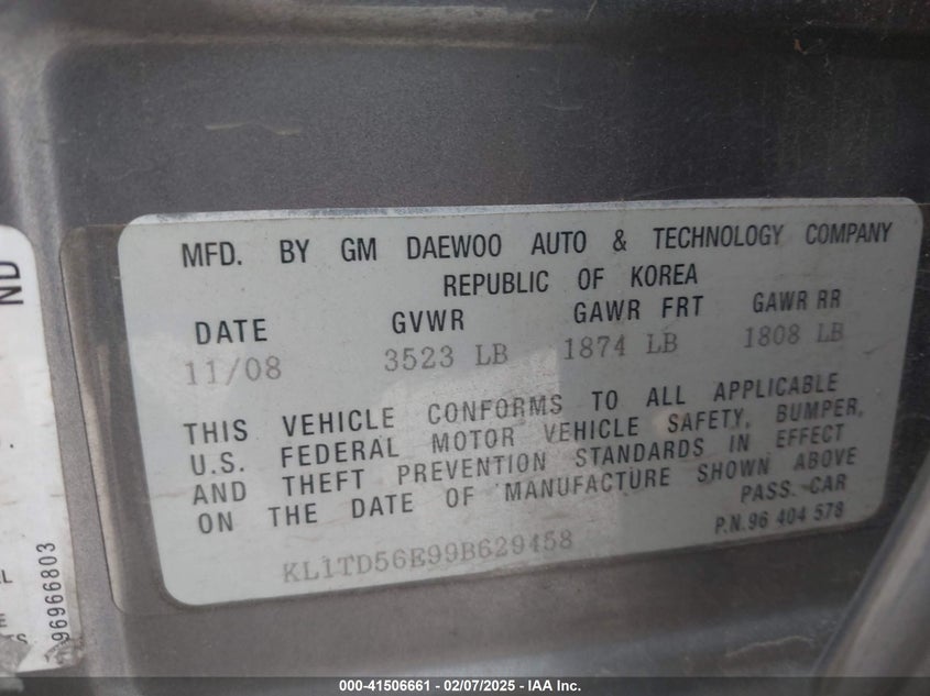 2009 CHEVROLET AVEO VIN: KL1TD56E99B629458