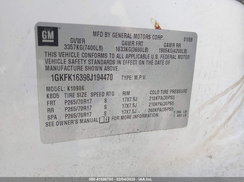 2008 GMC YUKON XL 1500 VIN: 1GKFK16398J194470