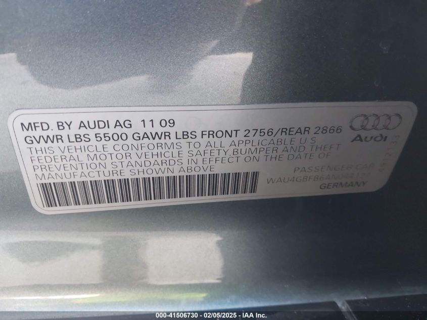 2010 Audi A6 3.0 Premium VIN: WAU4GBFB6AN044121 Lot: 41506730