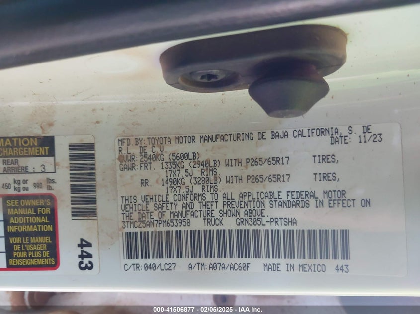 2023 TOYOTA TACOMA VIN: 3TMCZ5AN7PM653958