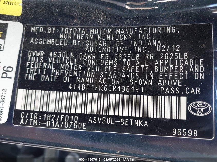 2012 TOYOTA CAMRY VIN: 4T4BF1FK6CR196191