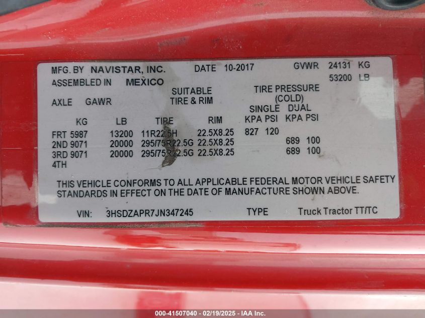 2018 International Lt VIN: 3HSDZAPR7JN347245 Lot: 41507040