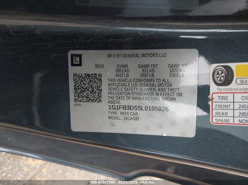 2020 CHEVROLET CAMARO VIN: 1G1FB3DS5L0105826