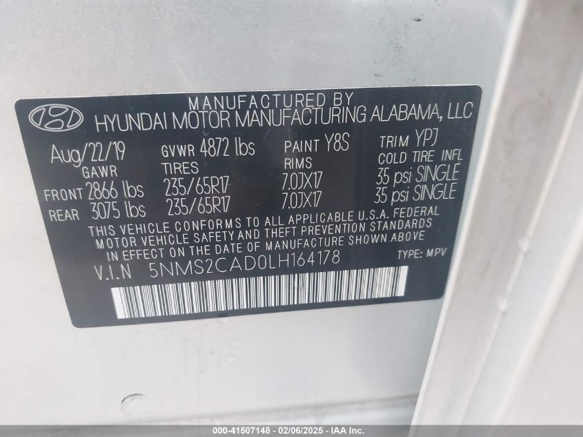 2020 Hyundai Santa Fe Se VIN: 5NMS2CAD0LH164178 Lot: 41507148