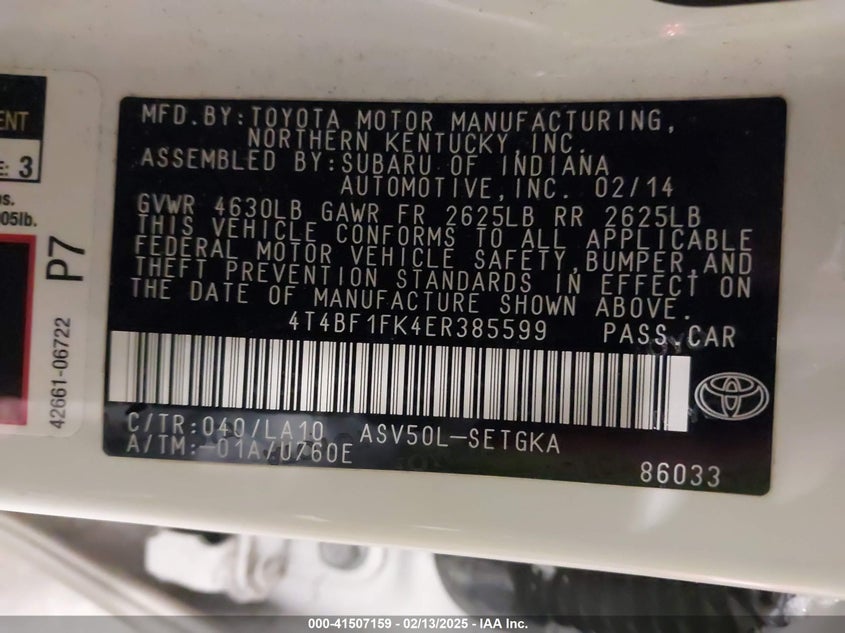 2014 TOYOTA CAMRY VIN: 4T4BF1FK4ER385599