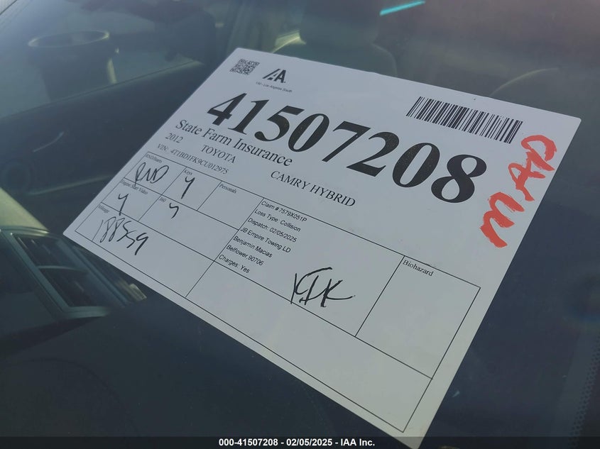 2012 TOYOTA CAMRY HYBRID VIN: 4T1BD1FK9CU012975