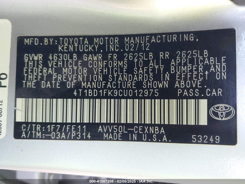 2012 TOYOTA CAMRY HYBRID VIN: 4T1BD1FK9CU012975