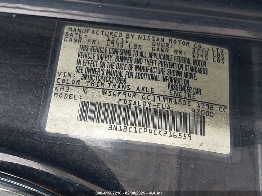2012 NISSAN VERSA VIN: 3N1BC1CP4CK216559
