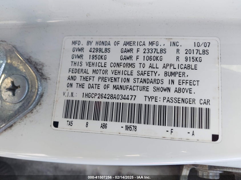 2008 HONDA ACCORD VIN: 1HGCP26428A034477