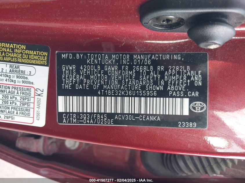2006 TOYOTA CAMRY VIN: 4T1BE32K36U155956