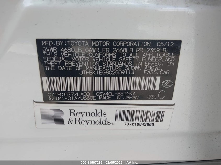 2012 LEXUS ES 350 VIN: JTHBK1EG8C2509114
